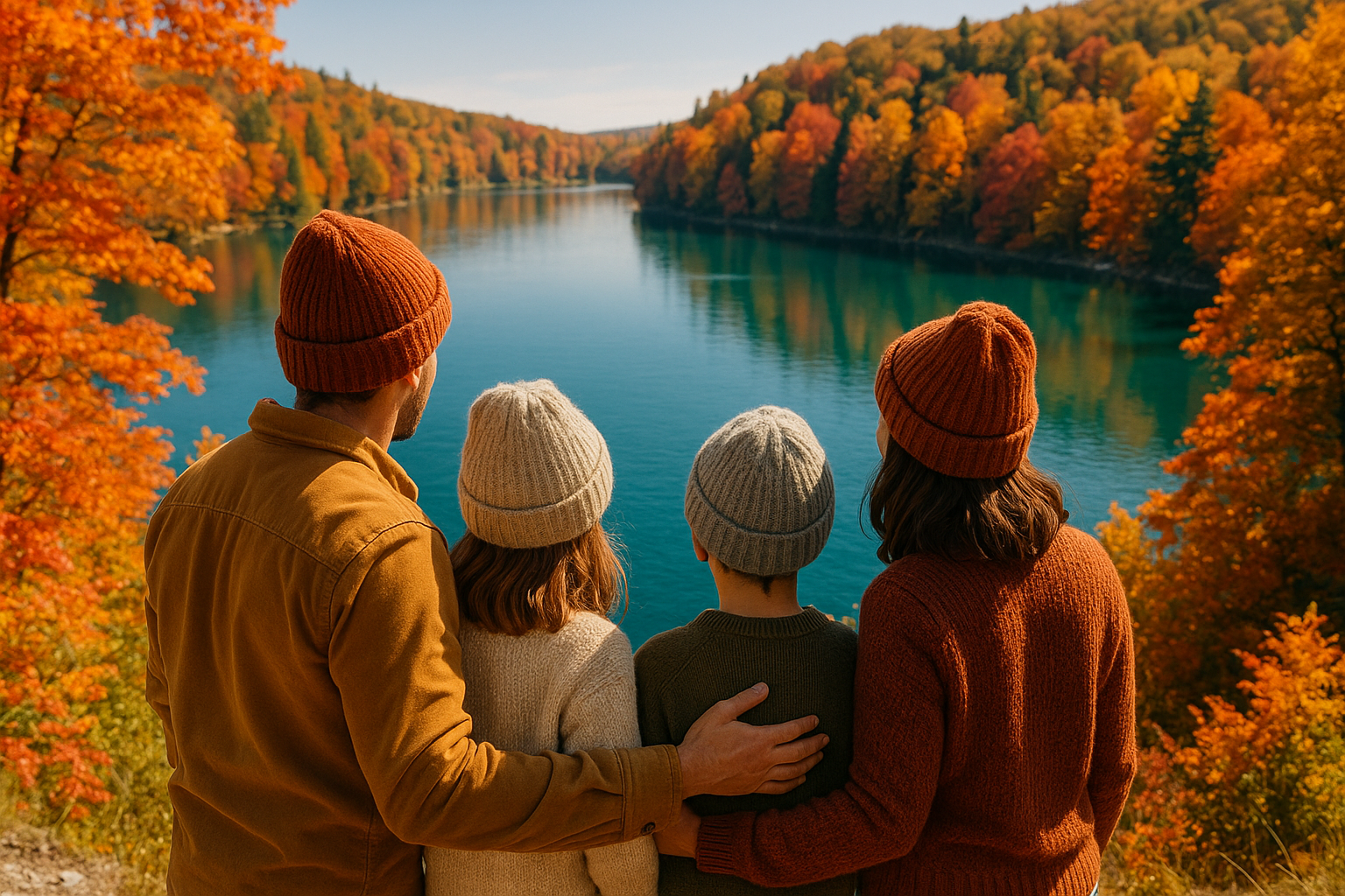 Family wearing beanies overlooking pristine lake during peak foliage
