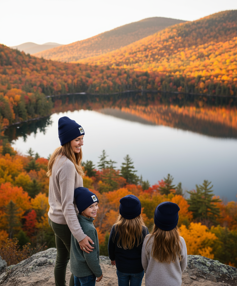 Family wearing navy blue beanies overlooking pristine lake during peak foliage